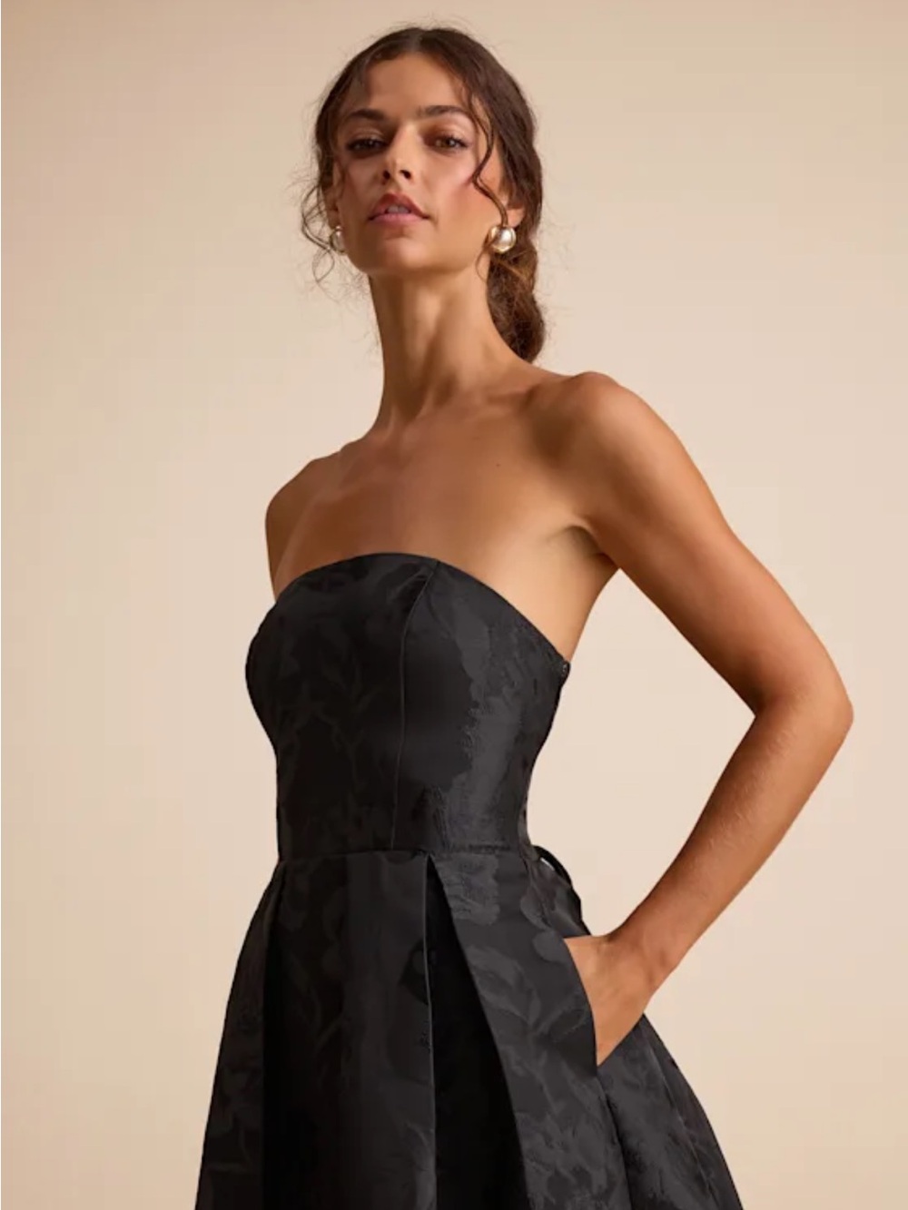 Lulus Laurelin Black Floral Jacquard Pleated Strapless Maxi Dress